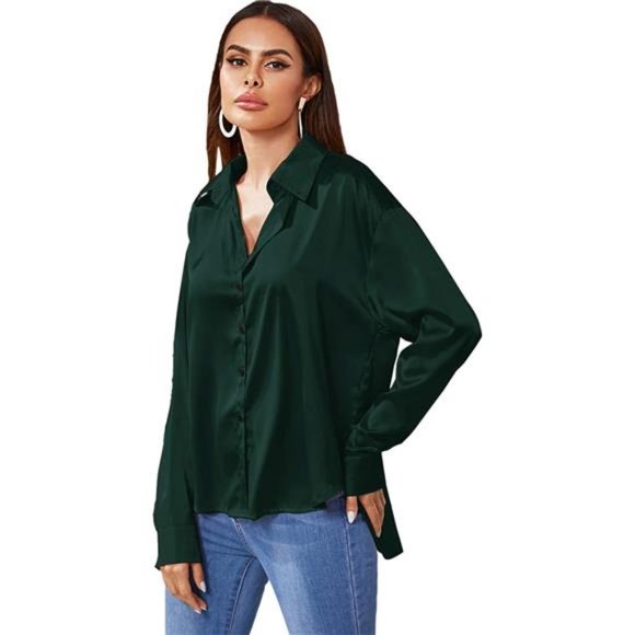 HOT Satin Silk Long Sleeve Blouse Button Down Shirt Casual Top, Green - Picture 4 of 6